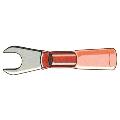 Spade terminal stud diameter: #6 (3.5mm).
Self soldering universal connection with heat shrink tubing. Just heat it up & it's ready. No crimping required. Strong, durable, vibration resistant and absolutely weather proof.
Red is for 22-18 gauge (0.50 to 1mm² or 0.64 to 1.02mm diameter) wiring.