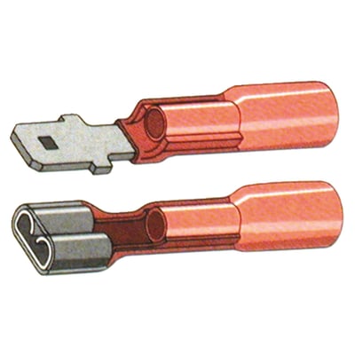Slide-on terminal: 1/4" (6.35mm) male insulated.
Self soldering universal connection with heat shrink tubing. Just heat it up & it's ready. No crimping required. Strong, durable, vibration resistant and absolutely weather proof.
Red is for 22-18 gauge (0.50 to 1mm² or 0.64 to 1.02mm diameter) wiring.