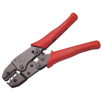 Professional 8.5" (21.6cm) long crimping tool for primary wire insulated terminals. Adjustable tension and molded hand grips. Crimps 22 (0.33mm² / ø0.64mm) to 10 (5.3mm² / ø2.6mm) gauge wires.
