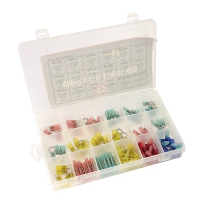 115 piece kit. Includes insulated crimp-type terminals with pre-installed adhesive heat shrink tubing.