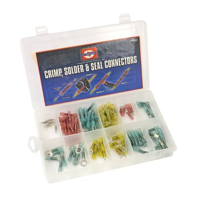 110 piece kit. Includes insulated crimp-type, self solder terminals that will automatically heat shrink