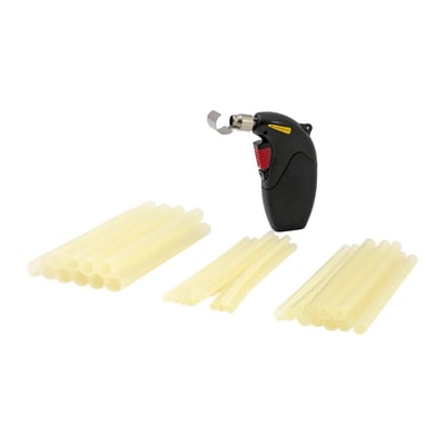 31 piece kit, dual wall with waterproof sealant. Includes 3/16" (4.8mm), 5/16" (7.9mm)  and 1/2" (12.7mm) diameters. (Shrinks 2.5 times in diameter. Temp. range -55°C to +110°C. Includes flameless heat torch in which a regular disposable cigarette lighter can be installed as gas-source. 

Note: The required disposable lighter, for use in the flameless torch, is not included. 
Note: Diameters given are inside tubing. 
Note: For re-fill packs see: 
951820 - 10x 3/16" (4.8mm) dual wall, 6" long
951821 - 10x 5/16" (7.9mm) dual wall, 6" long
951822 - 10x 1/2" (12.7mm) dual wall, 6" long
