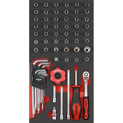 61-piece 1/4" drive tool set. 
- In 190mm x 370mm x 74mm high foam inlay, 1/3 SFS 
- 1/3 SFS. Foam inlay fits all 26" tool trolleys 
Kit includes: 
- 6x hex bit sockets: 1/8" to 5/16
- 2x Philips sockets: PH1 and PH2 
- 11x torx security bit sockets: T10H to T40H 
- 11x torx bit sockets: T10 to T40 
- 6x female e torx / star sockets: E4 to E10 
- 9x 12-point flank sockets: 3/16" to 1/2" 
- Screwdriver with 1/4" drive: 150mm long 
- Ratchet with 1/4" drive: 148mm long 
- 3 extensions 1/4" drive: 50, 100 and 150mm long 
- 1x swivel joint 1/4" drive
- 1x ball-en hex wrench set: 1.27 to 10 
- Disc ratchet 1/4" drive. 72 teeth