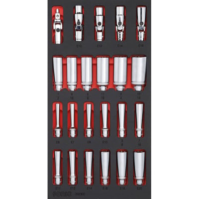 23-piece 3/8" drive 'deep socket' tool set.
- In 190mm x 370mm x 74mm high foam inlay, 1/3 SFS
- 1/3 SFS. Foam inlay fits all 26" tool trolleys.
Kit includes:
- 4x female e torx / star sockets: E10 to E16
- 1x swivel joint: 3/8" drive
- 8x 12-point deep sockets: 3/8" to 13/16"
- 10x female e torx / star deep sockets: E6 to E20