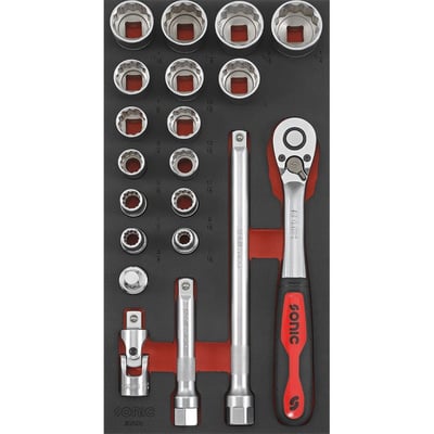 20-piece 1/2" drive socket tool set. 
- In 190mm x 370mm x 74mm high foam inlay, 1/3 SFS 
- 1/3 SFS. Foam inlay fits all 26" tool trolleys. 
Kit includes: 
- 15x 12-point socket: 3/8" to 1-1/4" 
- 1x swivel joint: 1/2" drive 
- 1x adapter: 1/2" drive to 1/8" drive 
- 1x ratchet with 1/2" drive: 60 teeth, 262mm long 
- 2x extensions 1/2" drive: 125 & 250mm long