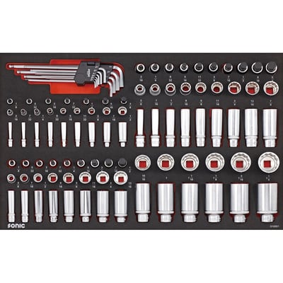 100-piece set. With regular and deep sockets & hex bit sockets with 1/4", 3/8" and 1/2" drive. Complete with a seperate hex key set with on the long side a ball-end drive.
- In 570mm x 370mm x 74mm high high foam inlay, SFS (Medium)
- SFS. Foam inlay fits all 26" tool trolleys.
Kit includes:
- Hex key set, with ball-end drive 9-piece: 1/16" to 3/8"
- 7x Hex bit sockets 1/4" drive: 1/8" to 3/8"
- 9x 12-point sockets 1/4" drive: 3/16" to 1/2"
- 9x 12-point deep sockets 1/4" drive: 3/16" to 1/2"
- 9x Hex bit sockets 3/8" drive: 1/8" to 1/2"
- 8x 12-point sockets 3/8" drive: 3/8" to 13/16"
- 8x 12-point deep sockets 3/8" drive: 3/8" to 13/16"
- 10x Hex bit sockets 1/2" drive: 3/16" to 5/8"
- 15x 12-point sockets 1/2" drive: 3/8" to 1-1/4"
- 15x 12-point deep sockets 1/2" drive: 3/8" to 1-1/4"
- Weight: 7360 grams