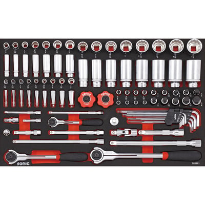 93-piece set. With ratchets, socket accessories, regular & deep sockets & hex bit sockets with 1/4", 3/8" and 1/2" drive. Complete with a seperate hex key set with on the long side a ball-end drive.
- In 570mm x 370mm x 74mm high high foam inlay, SFS (Medium)
- SFS. Foam inlay fits all 26" tool trolleys.
Kit includes:
- Hex key set, with ball-end drive 9-piece: 1/16" to 3/8"
- 7x 12-point socket set 3/8" drive: 3/8" to 3/4"
- 7x 12-point deep socket set 3/8" drive: 3/8" to 3/4"
- 9x 12-point socket set 1/4" drive: 3/16" to 1/2"
- 9x 12-point deep socket set 1/4" drive: 3/16" to 1/2"
- 10x 12-point socket set 1/2" drive: 3/16" to 1-1/4"
- 6x 12-point deep socket set 1/2" drive: 13/16" to 1-1/4"
- Disc ratchet 1/4" drive. 72 teeth
- Disc ratchet 3/8" drive. 72 teeth
- 9x Hex bit socket set 3/8" drive: 1/8" to 1/2
- 4x Hex bit socket set 1/4" drive: 1/8" to 7/32"
- 5x Hex bit socket set 1/2" drive: 3/8" to 5/8"
- 3x extensions 1/4" drive: 44, 75, 150mm long
- 1x Ratchet 1/4" drive: 150mm long
- 1x Ratchet 3/8" drive: 235mm long
- 1x Swivel joint: 3/8" drive
- 4x extensions 3/8" drive: 44, 75, 150 & 200mm long
- 1x Adapter: 1/2" to 3/8" drive
- 1x Swivel joint: 1/2" drive
- 2x extensions 1/2" drive: 125mm & 250mm long
- 1x Ratchet 1/2" drive: 305mm long
- Weight: 8420 grams