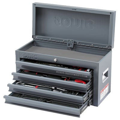 Filled top box with 89-piece tool set. 
- Special set for working with motorcycles 
- Suitable for both Japanese and European motorcycles 
- Easy to take to the track and on the bus 
- Can be closed with a key 
- Bottom drawer is free for tools of your choice 
- T-wrench with rotating handle, for fast and efficient work 
- Must have for every motorcyclist on the circuit or cross track 
- Dimensions: 566mm wide x 243mm deep x 287mm high 
- Weight empty: 11.5kg 
- Weight: 23.5kg