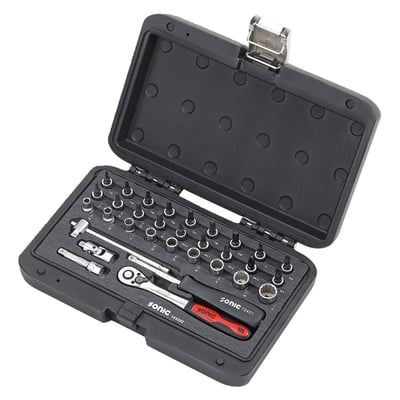32-piece set. 1/4" drive. Includes ratchet, accessories, sockets and bit sockets in a blow molded storage case. 
Kit includes: 
- 7x Torx bit sockets: T10 to T40 
- 3x Slotted bit sockets: 4, 5.5, 6.5mm 
- 4x Hex bit sockets: 1/8" to 7/32" 
- 4x Philips bit sockets: PH0 to PH3 
- 9x 12-point sockets: 3/16" to 1/2" 
- 1x Sliding T-bar: 115mm 
- 1x Swivel joint 
- 1x Extensions: 50mm 
- 1x Ratchet: 148mm 
- 1x Screwdriver with 1/4" drive: 150mm 
- Packed in a Blow Molded Storage Case 
- Dimensions: 65mm high x 260mm long x 168mm wide 
- Weight: 1074 grams
