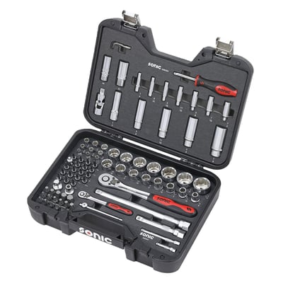 85-piece set, US/SAE sizes. 1/4" & 1/2" drive. Includes long & short sockets, socket bits and bits, ratchets and accessories.
Kit includes:
- 3x Hex key wrench: 1.5mm, 2.0mm, 2.5mm
- Screwdriver with 1/4" drive: 150mm long
- 1x Swivel joint: 1/2" drive
- 1x Swivel joint: 1/4" drive
- 2x Spark plug socket: 16mm & 21mm x 65mm long
- 7x 12-point deep sockets 1/4" drive: 1/4" to 1/2"
- 5x 12-point deep sockets 1/2" drive: 1/2" to 7/8"
- 6x 12-point socket 1/4" drive: 3/8" to 11/32"
- 3x 12-point socket 1/2" drive: 1/4" to 7/32"
- 7x Torx bit sockets 1/4" drive: T8 to T30
- 4x Hex bit socket 1/4" drive: 1/8" to 7/32"
- 2x Philips bit socket 1/4" drive: PH1 & PH2
- 2x Pozidrive bit socket 1/4" drive: PZ1 & PZ2
- 3x Slotted bit socket 1/4" drive: 4, 5.5, 6.5mm
- 1x Adapter: 1/2" male to 3/8" female
- Bit holder adapter: 1/2'' (female) x 5/16'' (female)
- 5x hex bit 5/16" drive: 7mm to 14mm
- 2x Phillips bit 5/16" drive: PH3 & PH4
- 4x Torx bit 5/16" drive: T40 to T55
- 2x Pozidrive bit 5/16" drive: PZ3 & PZ4
- 3x Slotted bit 5/16" drive: 8, 10, 12mm
- 15x 12-point socket 1/2" drive: 3/8" to 1-1/4"
- 1x Ratchet 1/2" drive: 262mm long
- 1x Ratchet 1/4" drive: 148mm long
- 1x Sliding T-handle: 1/4" drive
- 2x Extension 1/2" drive: 125 & 250mm
- 2x Extension 1/4" drive: 50 & 100mm
- Packed in a Blow Mold Storage Case
- Dimensions: 400mm x 298mm x 105mm high
- Weight: 6kg