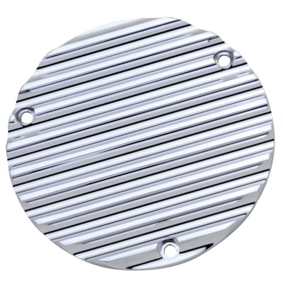 CNC machined billet aluminum finned 3-hole derby cover.
Direct replacement for the stock clutch inspection cover.