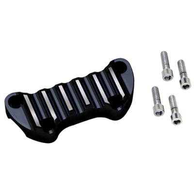 Black contrast cut anodized billet aluminum. Fits OEM style straight and pullback risers as used on many models with 3-1/2" distance between riser mounting bolts and offset top clamp bolts.