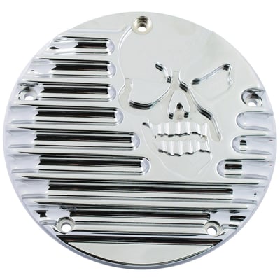 CNC machined billet aluminum finned derby cover.
Direct replacement for the stock clutch inspection cover.
Dimensions approx.: 7.25" (18.4cm) diameter.