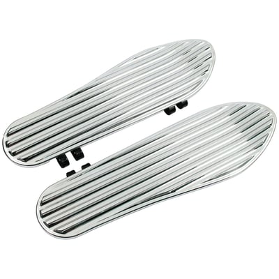 Chrome. CNC machined aluminum. One inch adjustable, forward or back. Fits as direct replacement for the stock floorboards.