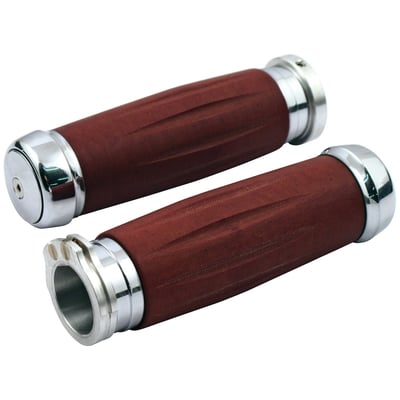 Chrome. Billet aluminum with a brown colored Bakelite® resin grip. Bakelite® is an early 20th century material that was used before modern, and much cheaper to produce, hard plastics were invented. True classic grips!