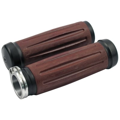 Black anodized. Billet aluminum with a brown colored Bakelite® resin grip. Bakelite® is an early 20th century material that was used before modern, and much cheaper to produce, hard plastics were invented. True classic grips!