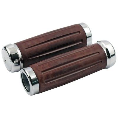 Chrome. Designed for use with custom internal throttle grips. Both grips have an internal diameter of 1". These grips are made from billet aluminum with a brown colored Bakelite® resin grip. Bakelite® is an early 20th century material that was used before modern, and much cheaper to produce, hard plastics were invented. True classic grips!