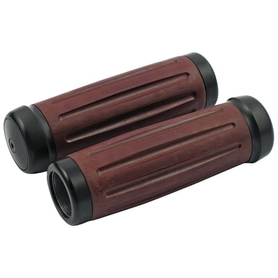 Black anodized. Designed for use with custom internal throttle grips. Both grips have an internal diameter of 1". These grips are made from billet aluminum with a brown colored Bakelite® resin grip. Bakelite® is an early 20th century material that was used before modern, and much cheaper to produce, hard plastics were invented. True classic grips!