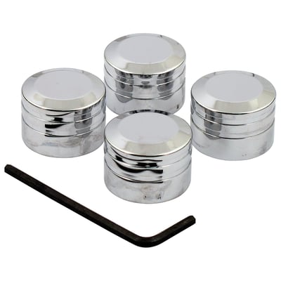 Chrome plated machined aluminum construction. Fits over the head bolts on Evolution B.T., Twin Cam and Sportster models. Each cover secures with the included Allen head (socket head) set screws. Complete with hex key for installation.