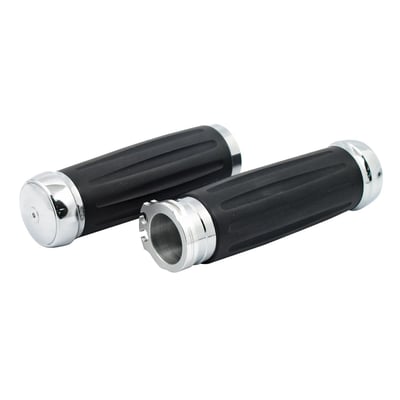 Billet aluminum with slotted black anodized grip surface and chrome plated end caps.