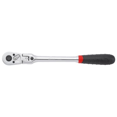 45-teeth ratchet with a lockable swivel head. Head can be locked in 5 positions, allowing the technician to apply more force without risk of unwanted head swiveling. 
- 45 teeth 
- With 5-position lock function 
- Outer diameter: 33mm 
- Height:  23mm 
- Length: 266mm 
- Weight: 412 grams 
- Chrome Vanadium tool steel