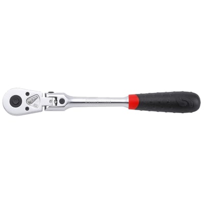 45-teeth ratchet with a lockable swivel head. Head can be locked in 5 positions, allowing the technician to apply more force without risk of unwanted head swiveling. 
- 45 teeth 
- With 5-position lock function 
- outer diameter: 43mm 
- Height 38.55mm 
- Length: 297mm 
- Weight: 720 grams 
- Chrome Vanadium tool steel