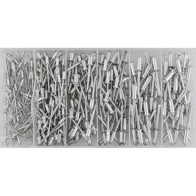 400-pieces. Includes pop rivets / blind rivets with sizes from 2.4mm to 4.8mm diameter. Complete assortment box to cover most applications.
Includes:
- 100x ø 2.4 x 37mm
- 100x ø 3.2 x 37mm
- 100x ø 4.0 x 37mm
- 100x ø 4.8 x 37mm
Box dimensions:
- Height: 30mm
- Length: 210mm
- Width: 110mm
- Weight: 482 grams