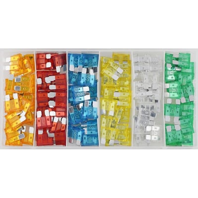 120-pieces. Includes ATC blade fuses (housing dimensions approx. 12mm high x 29mm wide). Complete assortment box to cover most motorcycle and other automotive applications.
Includes:
- 20x 5A
- 20x 10A
- 20x 15A
- 20x 20A
- 20x 25A
- 20x 30A