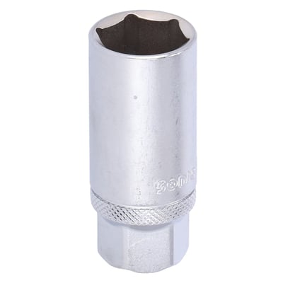 3/8" drive. Does not have a clip on the inside to hold the spark plug for installing and removing in deep and hard to reach spaces. 
- 3/8" drive 
- Outside Diameter: 28mm 
- Length: 65mm 
- Material: Chrome Vanadium