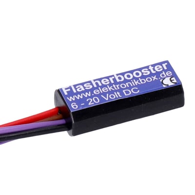 Some late model bikes have the LED converter built into the turn signal relay. Sometimes this results in a turn signal voltage between 6 and 9 Volt. This turn signal booster increases these low voltages from the OEM flasher relay to the required 12 Volt and is installed between the OEM turn signal relay and the aftermarket turn signals. The integrated 0.8W load equalizer ensures a correct flashing rate for most bikes. 
- Dimensions: 38 mm x 16 mm x 11 mm 
- Body material: Shock resistant ABS waterproof molded 
- Supply voltage range: 6 - 20 Volt
- Connections: Inputs 0,14 mm², Outputs 0,5 qmm 
- Maximum current: 5 Ampere per output 
- Maximum ambient temperature: 80 degree Celsius 
Note: When the flasher frequency is still  too high after the installation, you will need to wire 2 resistors between the 2 inputs and ground.