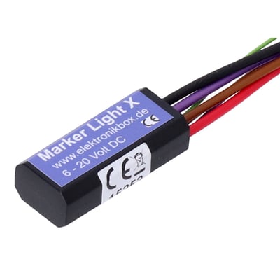 This module is used to automatically switch off a light, like a marker light or turn signal daylight running light (DRL), for better visibility of the turn signal during daytime. The module is very small and can be installed almost anywhere, including inside most handlebars. The module can also be used to cancel the marker/running light function of the turn signals. 
- Dimensions: 38 mm x 16 mm x 11 mm 
- Body material: ABS with waterproof poured 2k epoxy resin 
- Input voltage range: 7 - 18 Volt 
- Connections: Inputs 0.14 mm², Outputs 0.75 qmm 
- Maximum current: 5 Ampere per output 
- Maximum ambient temperature: 80 degree Celsius