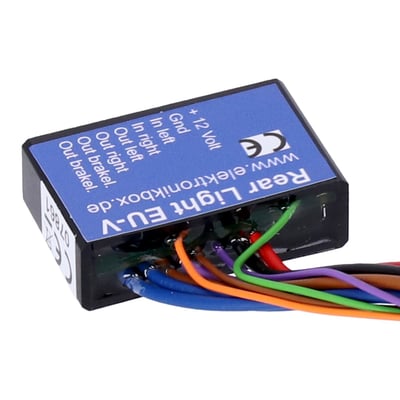 The Rear Light EU-V is a conversion module for vintage bikes without hazard light / emergency flasher function. It converts the two signals from the original turn signal/brake light combination into four separate outputs for upto 2 (parallel) brake lights/taillights and turn signals. A conversion of an imported US bike to the EU regulations can be done much quicker and more economical. With the brakelight dim function, the brakelight is dimmed to 30 % brightness, only when the brake is not activated. A brakelight flasher function can optionally be activated to show a 3x fast warning flash before it stays lit. 
- Dimensions: 40 mm x 25 mm x 12,5 mm 
- Body material: ABS with waterproof poured 2k epoxy resin 
- Input voltage range: 7 - 18 Volt 
- Connections: Inputs 0,14 mm², Outputs 0,5 qmm 
- Output power: Max. 50 Watt / Output 
- Maximum ambient temperature: 80 degree Celsius