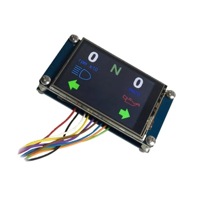 The 'My Speedo' is a 2.4" (6cm) touch display speedometer that allows graphical programming. All relevant settings can be made directly on the display. 'My Speedo' is made of 2 piggyback boards and comes without a housing. This way your speedometer design wishes will not be influenced. Wheel diameter can be set for correct display. Functions include oil, high beam, neutral, turn signals, km/h or miles display. Speedometer, Odometer, Tachometer (RPM), tripmeter, display brightness etc. The graphic design can optionally be programmed/customized by yourself using your own JPEG images. It is easy and can be done in around 3 hours. An 1GB SD card (not supplied) is required for programming. Includes instructions. 
- Dimensions control module: 75 mm x 43 mm x 12 mm 
- Housing: Must be custom made 
- Input voltage range: 7 - 18 Volt 
- Connections: Inputs 0,14 mm², 20 cm 
- Maximum ambient temperature: 80 degree Celsius