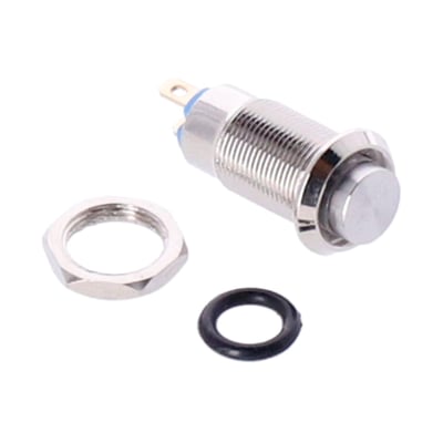 Stainless steel on/off switch in push button style, 8mm threaded. Small, discrete and not just perfect to operate Axel Joost Elektronik components. Can be installed directly into the handlebar or virtually any other place. Perfectly compatible with gloves.