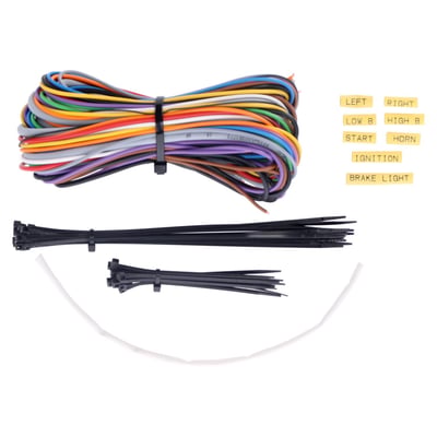 This set is composed of all wiring required to enable a bike builder to construct his own professional wiring harness (excl. connectors) for a bike with a electronic box / brain box. Comes with the right colors, lengths and diameters. 
Includes: 
- Control wire 6 x 0.14 qmm. shielded with 4.9 mm diameter: 2m 
- Black. 0.14 qmm for the ground connections in the handlebar: 2m 
- Red. 1.5 qmm for the switched 12 Volt power connection: 2m 
- Black 1.5 qmm for a good ground connection at the bike: 3m 
- Brown 0.75 qmm for flasher right: 3m 
- Violet 0.75 qmm for flasher left: 3m 
- Orange 0.75 qmm: 2m 
- White 0.75 qmm: 2m 
- Gray 0.75 qmm: 2m 
- Yellow 0.75 qmm: 2m 
- Green 0.75 qmm: 2m 
- Blue 0.75 qmm: 2m 
- Shrink tube. lettered approx. 2cm long: 8x 
- Shrink tube. 30cm: 1x 
- Cable ties small. black color: 15x 
- Cable ties long. black color: 15x