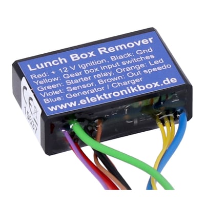 This module is used to simplify removal of the standard "lunchbox" speedometer instrument and its original bulky harness. The Lunchbox Remover module has an integrated neutral switch control with an output for the starter relay and the neutral indicator LED. A virtual load resistor for the charging system is built-in and the signal from the speed sensor is boosted from 0.2 Volt to 8 Volt to for compatibility with most aftermarket speedometers for your bike. 
- Dimensions: 41 mm length x 26 mm wide x 12,5 mm height 
- Body material: Shock resistant ABS plastic, waterproof poured raisin 
- Case color: Black 
- Connections: 0.14 qmm, 20 cm 
- Maximum ambient temperature: 80 degree Celsius 
- Input voltage range: 7 - 18 Volt