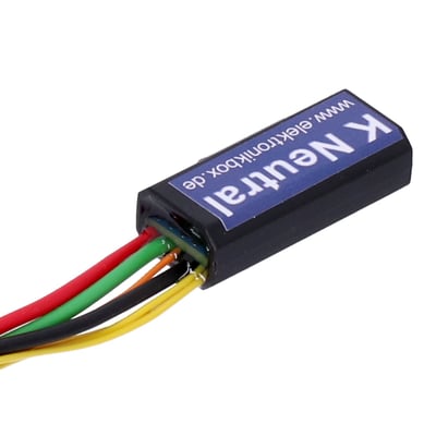 Used to provide a neutral gear indication on any new speedometer. The K Neutral uses the 3 gear switches found on BMW K motorcycles. The module has with a power output for both the neutral indicator LED and the starter relay. It therefore also allows using the starter relay (start the bike) without the need to pull the clutch. 
- Dimensions: 38 mm length x 16 mm wide x 11 mm height 
- Body material: shock resistant ABS plastic, waterproof poured raisin 
- Power consumption: approx. 20 mA 
- Case Color: Black 
- Connections: 0.14 qmm and 0,5 qmm,  20 cm 
- Maximum ambient temperature: 80 degree Celsius 
- Input voltage range: 6 - 18 Volt