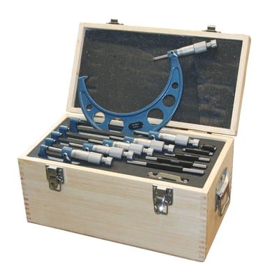 7-piece set. Used for accurate outside measurement of small objects.
Comes with 4 individual outside micrometers of 0-25, 25-50, 50-75 and 75-100mm.
Complete with 3 'Standard' gauges of 25, 50 and 75mm length.
These gauges are used to check and set the micrometers for correct measuring.
The Standard gauge lengths are fixed and manufactured, like the micrometers, according to DIN 863.
Includes:
- 4 outside micrometers of 0-25, 25-50, 50-75 and 75-100mm
- 3 Standard gauges 25/50/75mm
- carbide measuring faces, ground and lapped
- scales satin chrome no-glare finish
- lightweight coated frames
- spindles Ø 6.5 mm
- thread pitches 0.5 mm
- scales 0.01 mm
- with auto-stop ratchets
- accuracy DIN 863
- in wooden case
- weight: 2.1kg