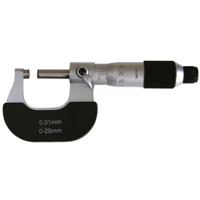For accurate outside measurement of small objects.
- carbide measuring faces, ground and lapped
- scale satin chrome no-glare finish
- coated frame
- spindle Ø 6.5 mm
- thread pitch 0.5 mm
- scale 0.01 mm
- with friction ratchet
- locking lever
- accuracy DIN 863
- in case
