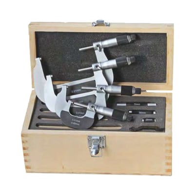 For accurate outside measurement of small objects. Comes with 4 individual outside micrometers of 0-25, 25-50, 50-75 and 75-100mm. Complete with 3 'Standard' gauges of 25, 50 and 75mm length. These gauges are used to check and set the micrometers for correct measuring. The Standard gauge lengths are fixed and manufactured, like the micrometers, according to DIN 863.
Includes:
- 4 outside micrometers of 0-25, 25-50, 50-75 and 75-100mm
- 3 Standard gauges 25/50/75mm
- carbide measuring faces, ground and lapped
- scales satin chrome no-glare finish
- lightweight coated frames
- spindles Ø 6.5 mm
- thread pitches 0.5 mm
- scales 0.01 mm
- with friction ratchets
- accuracy DIN 863
- in wooden case
- weight: 2.1kg