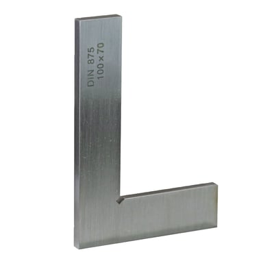 Flat 90 degree positioning square / control square for an exact 90° angle with tolerance within DIN 875-1 standards. 
- Non-hardened regular carbon steel 
- DIN 875-1