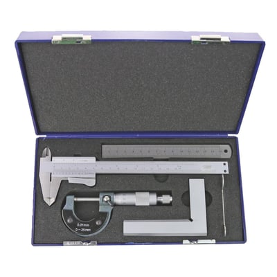 With lock screw vernier caliper. 
Basic 4-piece measuring device set for use workshop use. Packed in sturdy plastic case with carrying handle to keep tools organized and protected. 
Includes: 
- 1 x Vernier caliper 150 mm, auto lock, 1/20mm, DIN 862 
- 1 x Micrometer 0 - 25 mm, DIN 863 
- 1 x Positioning square 100 x 70 mm, DIN 875/1 
- 1 x Stainless steel ruler 150 x 13 x 1 mm 
- Packed in 25cm wide x 13cm high x 4.5cm deep plastic case.