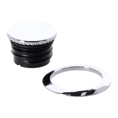 Low profile pop-up design, to replace the standard screw-in fuel cap. Installs with a screw-in insert that mounts in the tank. In this the pop-up gas cap is installed to allow a flush mount, super low profile. The trim ring is self-adhesive and give the finished touch. To open cap, just push for the filler cap to come up and screw filler cap open. Gives a good grip so works with or without gloves.
Set includes insert, gas cap and trim ring.