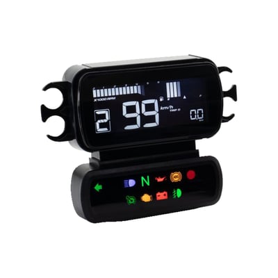 100% plug & Play high end custom replacement for the stock Street Bob speedo/tachometer. Features 8 color interchangeable LCD display. The instrument comes with a a series of programmable options. 
- Speedometer range (digits): 0-199 km (0-124 miles), displays per 1 kmh (mph) 
- Display delay : < 0.5 seconds 
- Internal and external odometer: 0 to 999.999 km (miles), displays per 0.1 km (mile) 
- Trip meter A/B: 0 to 9999.9 km (mile) with auto reset after 9999.9 km 
- Tire circumference adjustment: 50 to 210%, sets per 1%  
- Tachometer: 0 - 10.000 RPM 
- Backlight colors: White, Red, Orange, Yellow, Blue, Light Blue, Purple, Green 
- Maintenance intervals: Off, 500 - 16.000 km (300 - 10.000 miles). Sets per 100km (miles) 
- Indicator lights: Right turn signal (Green), left turn signal (green), security (Red), ABS (Amber), engine oil (Red), neutral  (Green), high beam (blue), low fuel (amber), fog light (green), battery (Red), engine light (amber), cruise control light (green/amber), tire pressure warning (amber) 
- Shift light: 2.000 to 10.000 RPM adjustable (red/white backlight flashing). Sets per 100RPM 
- Engine temperature: -38 to 572°F (-39 to 300°C) 
- Clock: 12h / 24h adjustable 
- Volt meter: Range 8 - 18V 
- Backlight Brightness: 1/5 (darkest) to 5/5 (brightest) 
- Tire Pressure: TPMS, FR/RR/LR when TPMS supported. Range HI, 0-73 PSI, 0-506kPa, 0-5.0bar. Displays per 1 PSI, 1 kPa, 0.1 bar 
- Fuel gauge: 10 levels 
- Voltage: 12V DC 
- Works in: -20~85°C 
- Storage Temperature: -30-90 °C 
- Confirm JIS D 0203 (S2) standard 
- Gauge size 88.2 x 67.0 x 35.2 mm 
- Gauge Weight: Approx. 70 grams