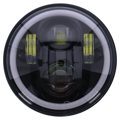 ECE & DOT approved. 
Black bezel. 
With a switchable white/amber (orange) colored halo-ring/position light. 
Economical high/low beam LED conversion head lamp unit to replace the stock H4 unit. 
LEDs are an improvement at all levels when compared to H4 lighting and offer more effective and whiter light at 6000K, much better reliability and less amperage draw. 
- White / amber switchable halo-ring/position light 
- Unit comes complete with wiring with a 3-prong plug that is identical to a standard H4 light bulb, allowing a plug & play conversion 
- Compatible with left side (UK) & right side (EU) riding
- 143.8mm (5.66") diameter 
- 88.7mm (3.49") deep 
- 6500K color temperature 
- Theoretical power at high beam 66W 
- 12-Volt DC 
- Passing beam 21W 
- Driving beam 31W 
- Halo ring/position light 60 LEDs 5.2W
- Approval E24*50R01/00*0463*00 

NOTE: Not available for sale in Germany.