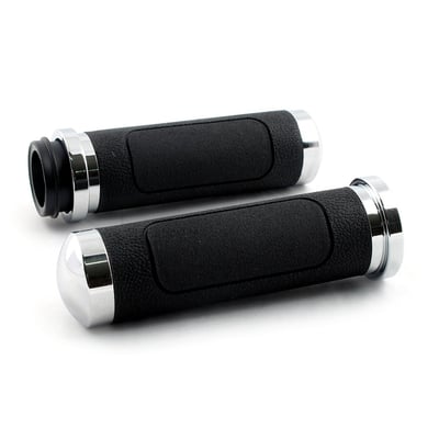 Avon's V-Cruiser has a very traditional Harley look and feel. Made with Kraton rubber, these grips feature a double leather grain texture in a soft but durable grip. As with all of Avon's grips, the V-Cruiser grips are finished off with 6061 billet aluminum end caps and collars. 
- Fly-by-wire