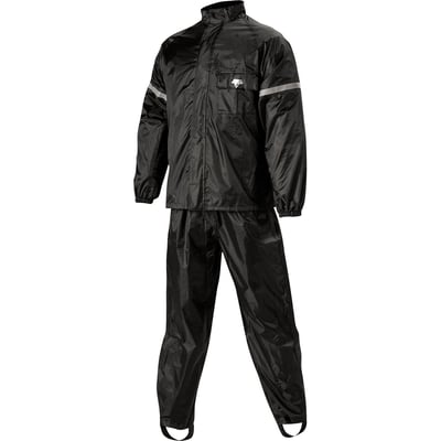 Two-piece 100% waterproof rain suit with soft polyester outer shell with PVC backing. Jacket has full length zipper with Velcro® storm flap. Outer waterproof chest pocket, elasticized cuff and waist, reflective striping for night visibility and pants feature ankle gussets for easy boot entry.