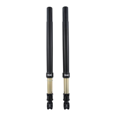 Black anodized (Blackline). Öhlins offers a high quality 43 mm Upside Down / inverted universal front fork for any ­custom builder that wants to give the bike supreme inverted ­suspension in the familiar Öhlins Racing design. The technology used is ­proven throughout the years and works perfectly in a whole range of custom applications. The fork allows tuning by allowing adjustment of spring preload, compression and rebound damping adjustment to best match the rider's preferences. 
Note: Does not include brake caliper or fender mounts for maximum adaptability. 
- Length 765 mm 
- Spring rate 12 N/mm 
- Fitted spring 08866-02 (MCS 963139)
- Fully adjustable preload, compression & rebound. 
- Stroke 120 mm 
- Blackline design, with gold anodized finish  
- Top clamp diameter 50mm 
- Lower clamp diameter 54mm 
- Wheel axle diameter 32mm. 
Note: Does not include brake caliper or fender mounts for maximum adaptability. 
Note: Please contact Motorcycle Storehouse Tech Support if you want to add Öhlins 988984 KR8 Component Kit  (upgraded triple tree set), for 14-up H-D Tourings, to your order. Tech Support can advise you on correct spring set-up for a specific rider weight and, if required, mods for Bagger Racing applications. 