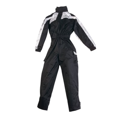 Waterproof rainsuit, made from nylon, with leg bottom fastening, wallet pocket and reflective panel for visibility. Much needed when going to work or an a trip on rainy days. The side zip makes quick changing easy. 