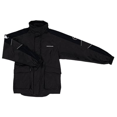 Waterproof rain jacket, made from nylon, with two outside pockets and reflective panel for visibility. Much needed when going to work or an a trip on rainy days.